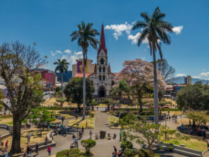 The beautiful church in a park in Costa Rica
