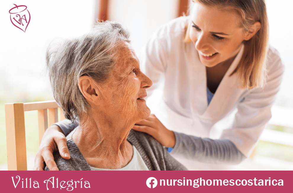 Caring Connection: A caregiver providing affectionate support to an elderly woman, sharing a heartfelt gaze.