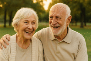 Happy elderly couple smiling outdoors, representing International Day of Older Persons.