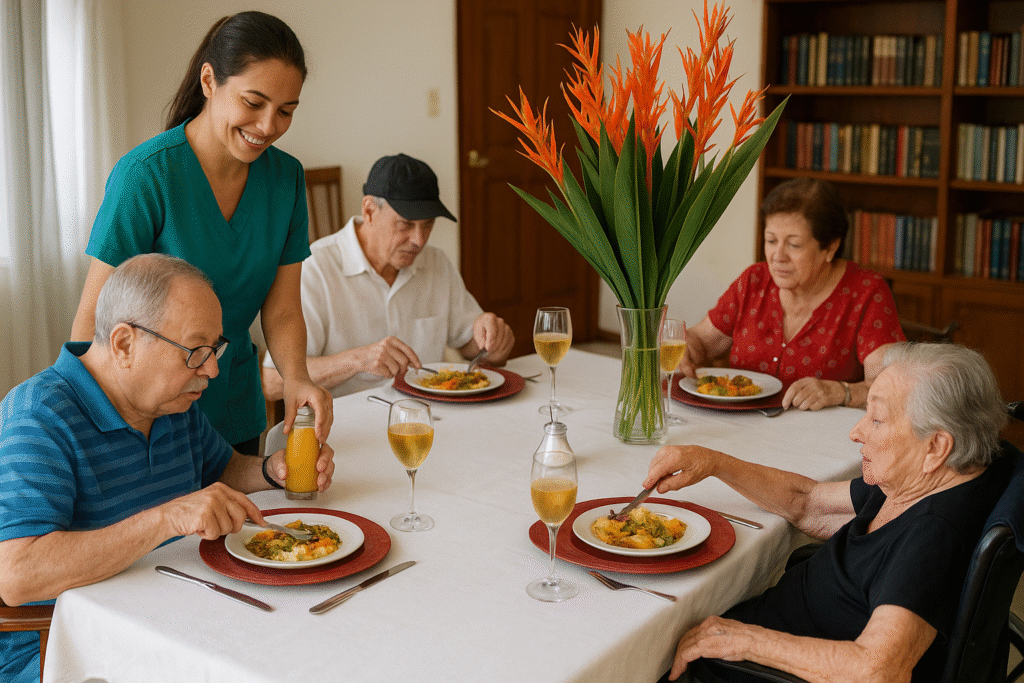 Elderly residents enjoying a healthy and joyful meal together at Villa Alegría, a senior residence in Costa Rica.