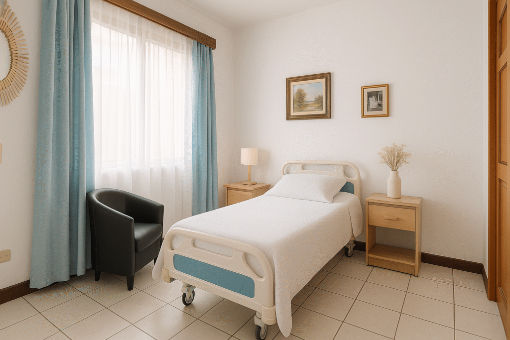 Comfortable private room at Villa Alegría, designed for peace, safety, and dignity in senior care.