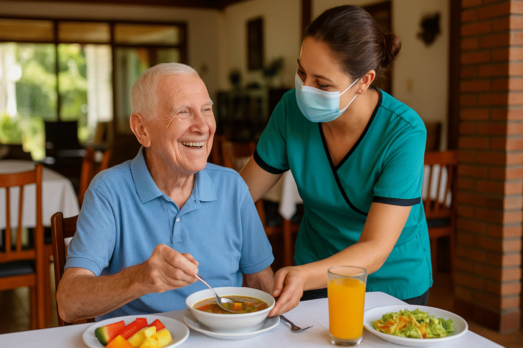 Caregiver assisting an elderly resident during a healthy meal at Villa Alegría in Costa Rica, showing warmth, nutrition, and personalized attention.