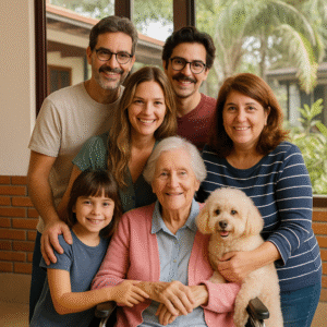 A smiling family visits their elderly mother at Villa Alegría Nursing Home in Costa Rica, sharing a warm and joyful moment together in a bright and peaceful space — reflecting compassionate Alzheimer’s and dementia care.