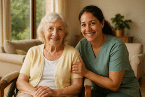 Elderly woman smiling with a caregiver in a warm, natural environment at Villa Alegría senior home in Costa Rica.