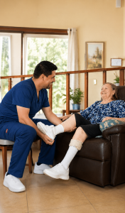 Caregiver assisting an elderly woman with physical therapy exercises at Villa Alegría nursing home in Costa Rica