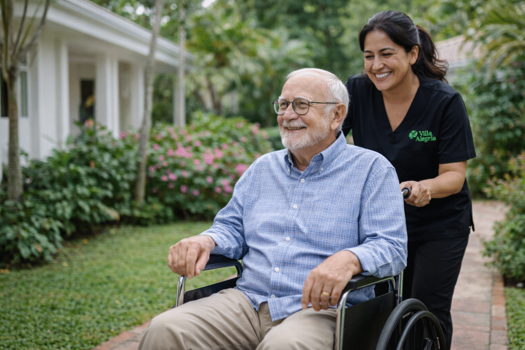 Elderly man enjoying a peaceful walk in a wheelchair with a Villa Alegría caregiver in the gardens of the nursing home in Costa Rica