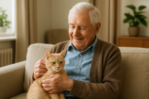 Elderly man sitting on a sofa with an orange cat inside Villa Alegría Nursing Home