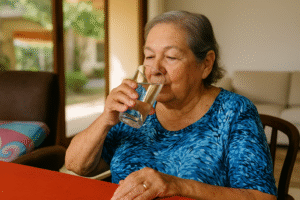 An elderly woman named Estelita drinking a glass of water at Villa Alegría Nursing Home in Costa Rica, representing the importance of hydration and daily wellness for seniors.