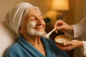 Elderly woman enjoying a gentle facial treatment with hydrating cream, symbolizing self-care, dignity, and wellness at Villa Alegría Nursing Home.