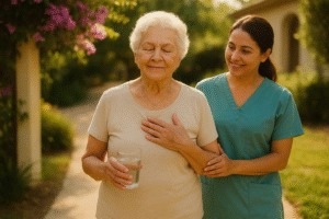 Elderly woman walking peacefully in a sunny garden with a nurse at Villa Alegría Nursing Home, symbolizing calm, health, and compassionate heart care.