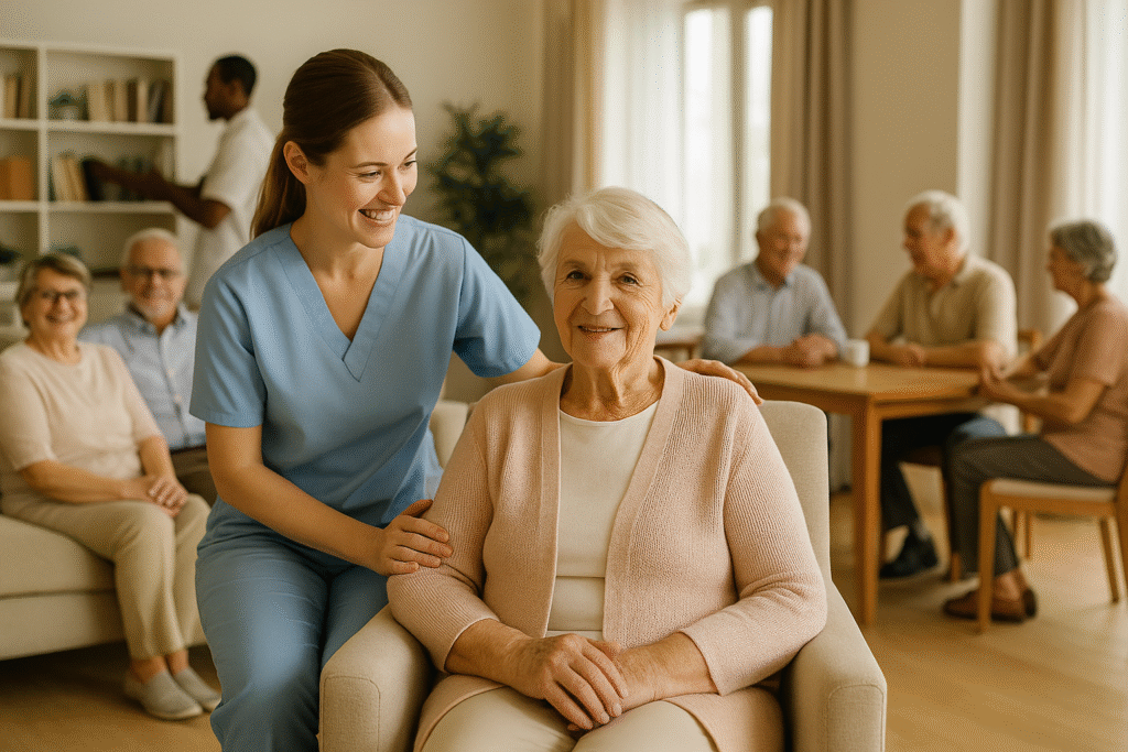 Caregiver providing personalized assisted living care to an older adult at Villa Alegría Nursing Home in Costa Rica.
