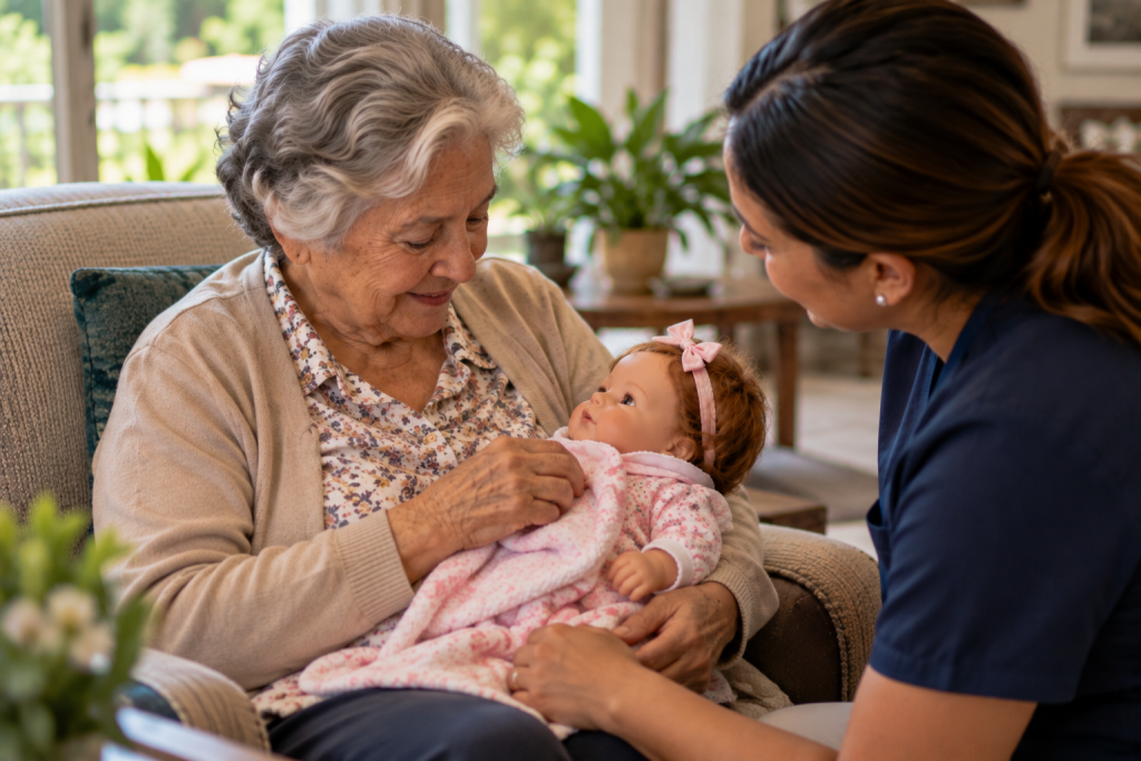 Older adult engaging with a doll during a supportive dementia care activity with a caregiver