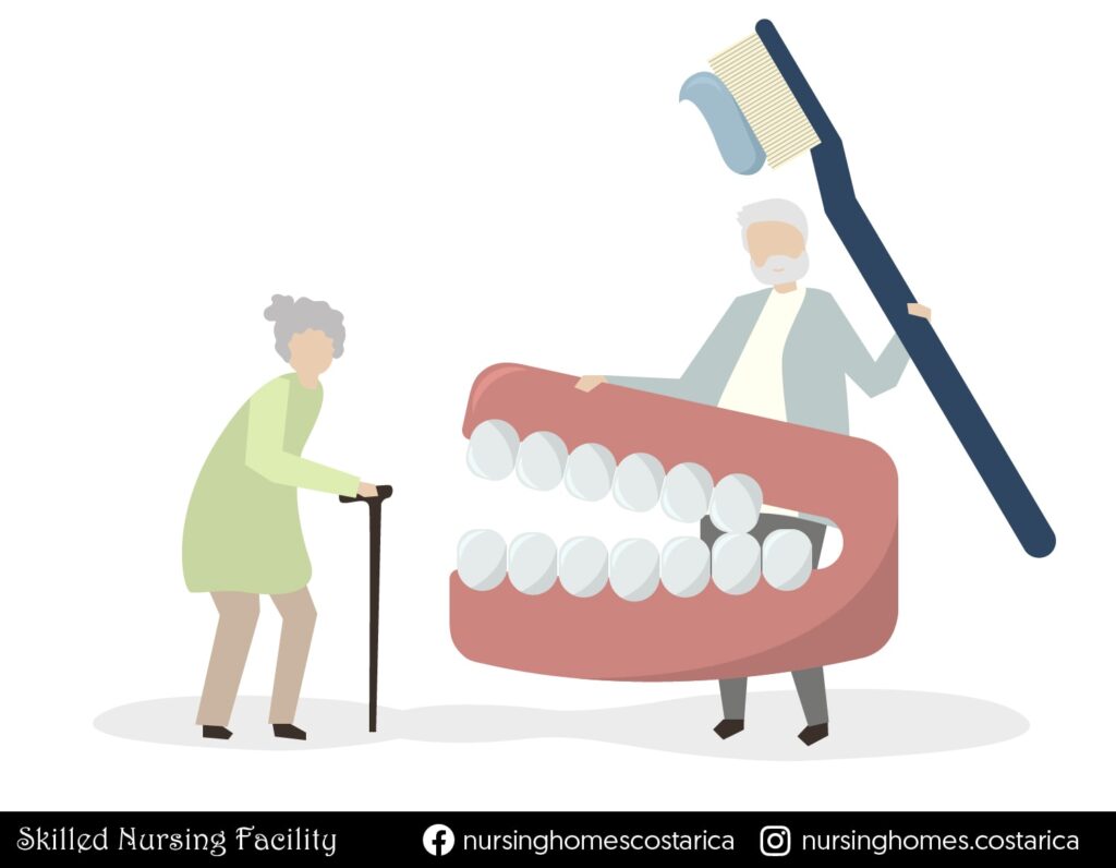 Vector illustration of two elderly individuals with a toothbrush and a set of dentures - Symbolizing the theme of dental care for older adults