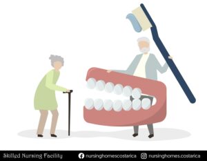 Vector illustration of two elderly individuals with a toothbrush and a set of dentures - Symbolizing the theme of dental care for older adults