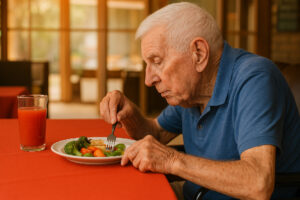 An elderly man enjoying a healthy, colorful meal at Villa Alegría Nursing Home in Costa Rica, representing balanced nutrition and well-being for seniors.