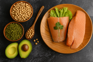 Salmon, avocado, and healthy foods that support memory and brain health in older adults.