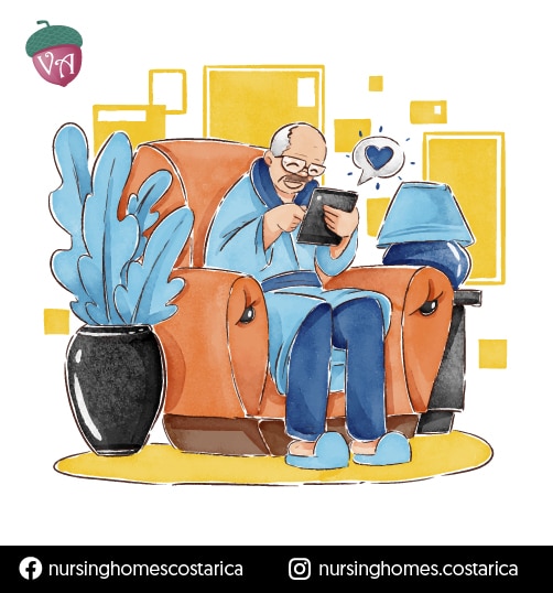 Illustration of a senior man comfortably seated in his favorite armchair, happily browsing social media on his device.
