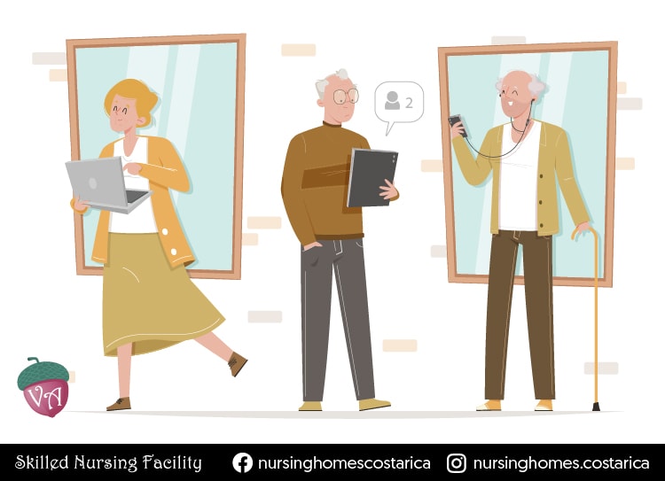 Illustration of elderly individuals with various electronic gadgets, showcasing their engagement with modern technology.