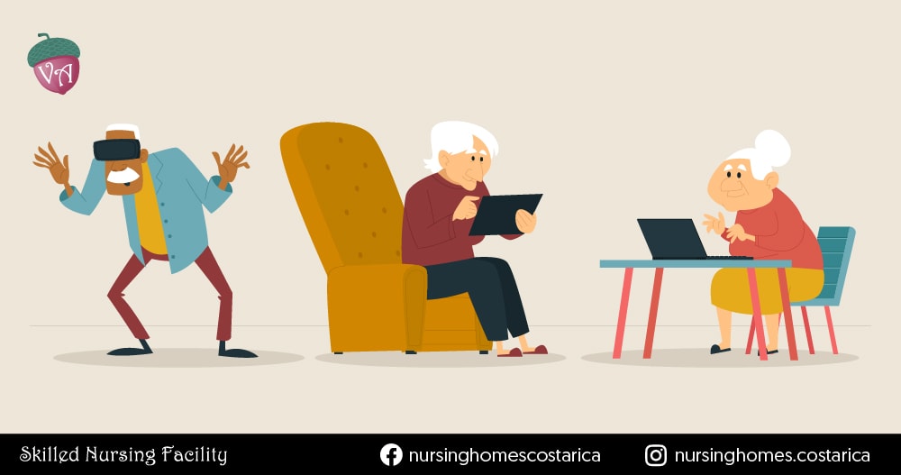 Illustration of seniors engaging with technology in a humorous and playful manner, embracing modern advancements with joy and laughter.