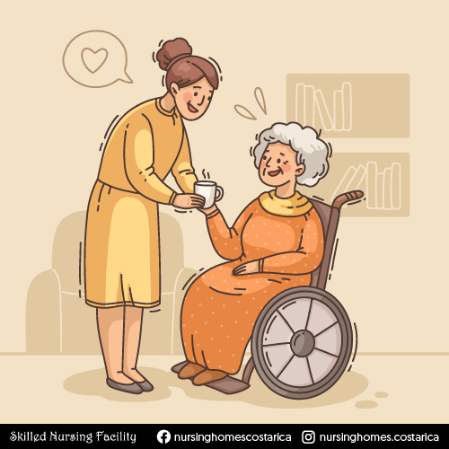 Vector illustration of elderly woman in wheelchair with caregiver assistance.
