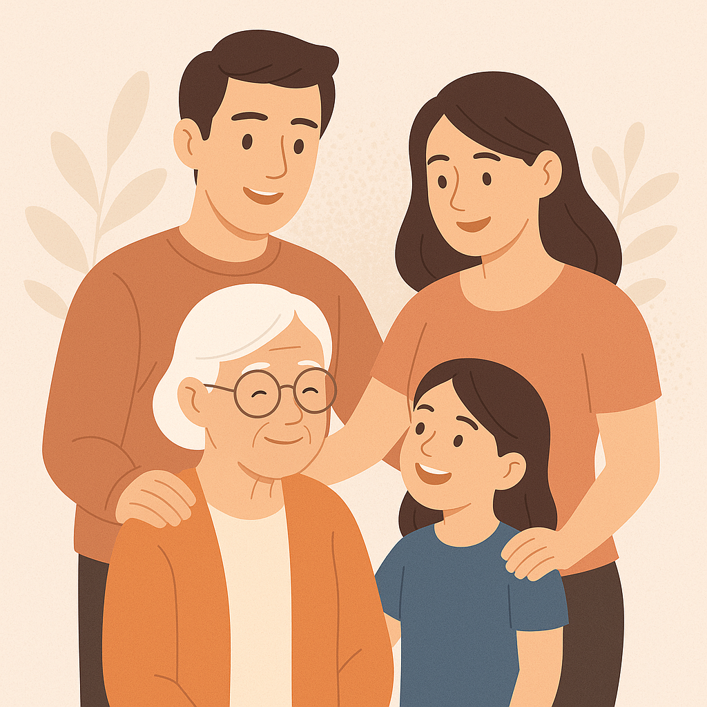 appy multigenerational family smiling with their elderly loved one, showing care and joy.