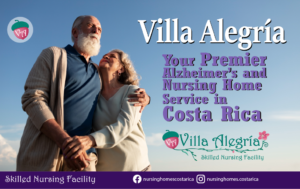 Smiling senior couple holding hands, displaying a hopeful and confident attitude, reflecting joy and security due to the services provided by Villa Alegría. Accompanied by the text: 'Villa Alegría: Your Premier Alzheimer’s and Nursing Homes Service.