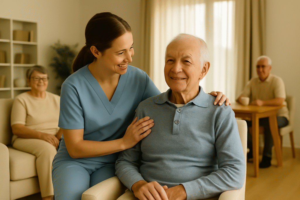 Elderly man smiling while receiving compassionate support from a caregiver in a warm assisted living environment focused on dignity and quality of life