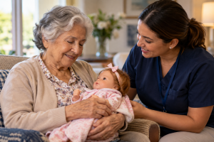 Older adult participating in doll therapy for dementia with the support of a professional caregiver.