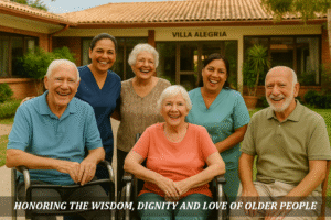 Elderly residents and caregivers smiling together at Villa Alegría during the International Day of Older Persons, celebrating wisdom, dignity, and love.