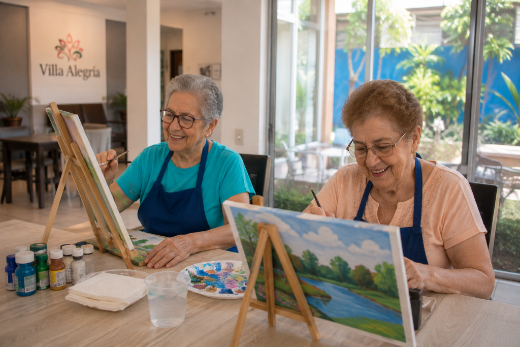 Older adults enjoying a painting activity together at Villa Alegría Nursing Home to promote social interaction and emotional well-being.