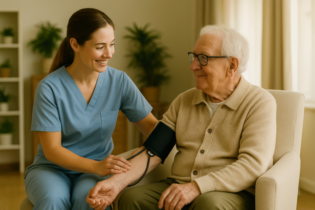 Nurse providing professional health monitoring by checking blood pressure for an older adult at Villa Alegría Nursing Home in Costa Rica.