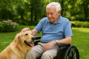 Elderly man petting a golden retriever while sitting outdoors in a garden.