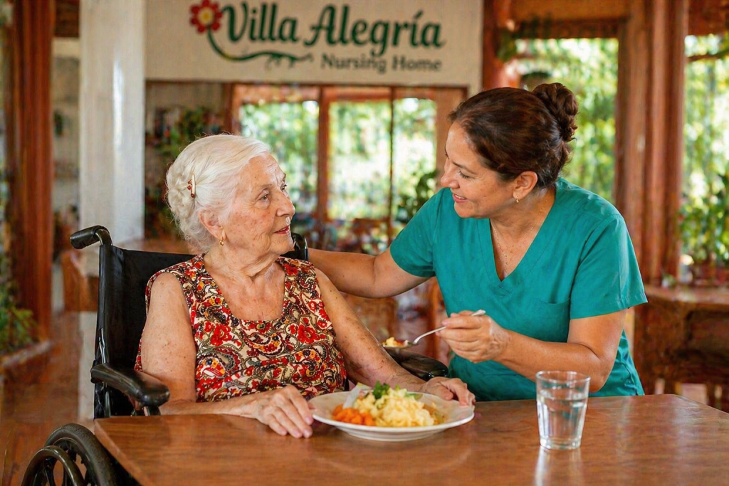 Caregiver assisting elderly woman in wheelchair at Villa Alegría Nursing Home in Costa Rica
