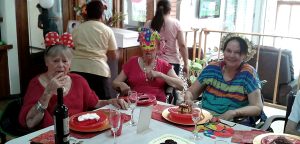 Senior residents enjoying a social activity and celebration at Villa Alegría Nursing Home in Costa Rica