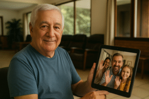 Older adult smiling while showing a tablet during a family video call at Villa Alegría Nursing Home.